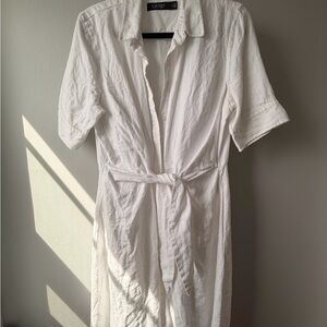 Ralph Lauren 100% Linen White Midi Shirt Dress with Tie Waist
